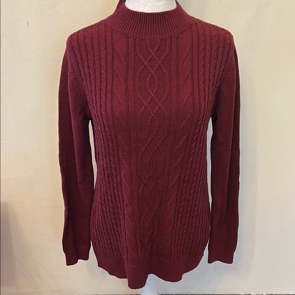 Karen Scott burgundy Cable Knit Mock neck sweater Size MP New